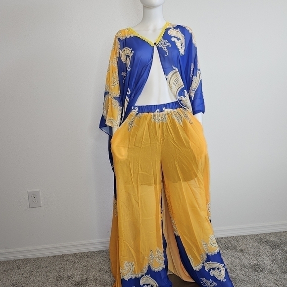 NWT - SUMMER AFRICAN CHIFFON KIMONO KAFTAN TWO PIECE PANT SET / LONG ABA… - Picture 3 of 7